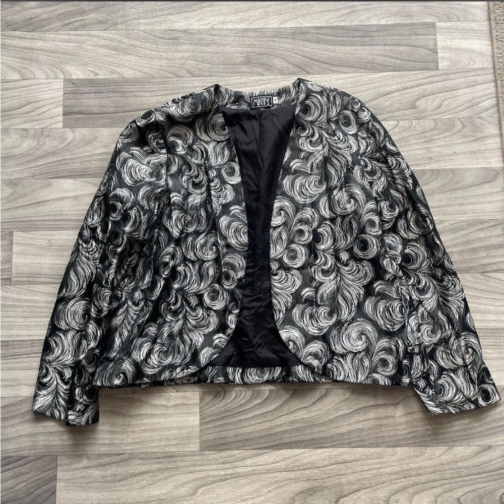 Vintage 80s open crazy print swirl jacket womens sz 18 M/L fit silver black